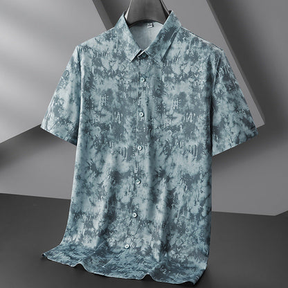 Blue green abstract print ice silk short-sleeve shirt with relaxed fit and wrinkle-resistant finish