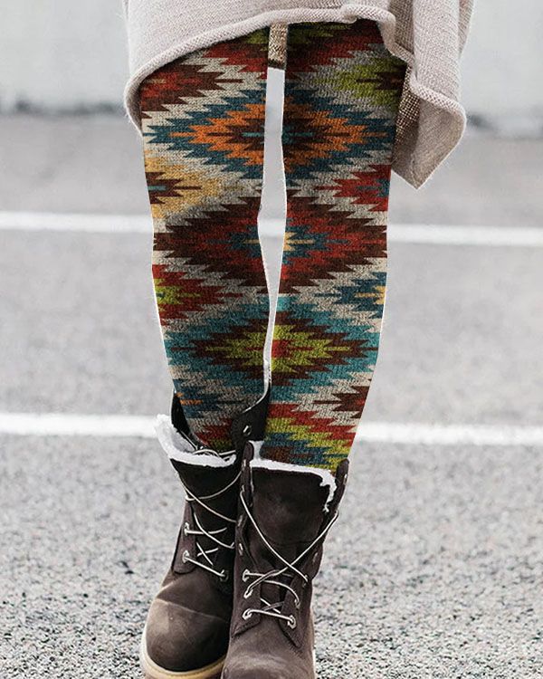 Women's full-length stretch knit leggings with bold geometric pattern, breathable fabric for active wear