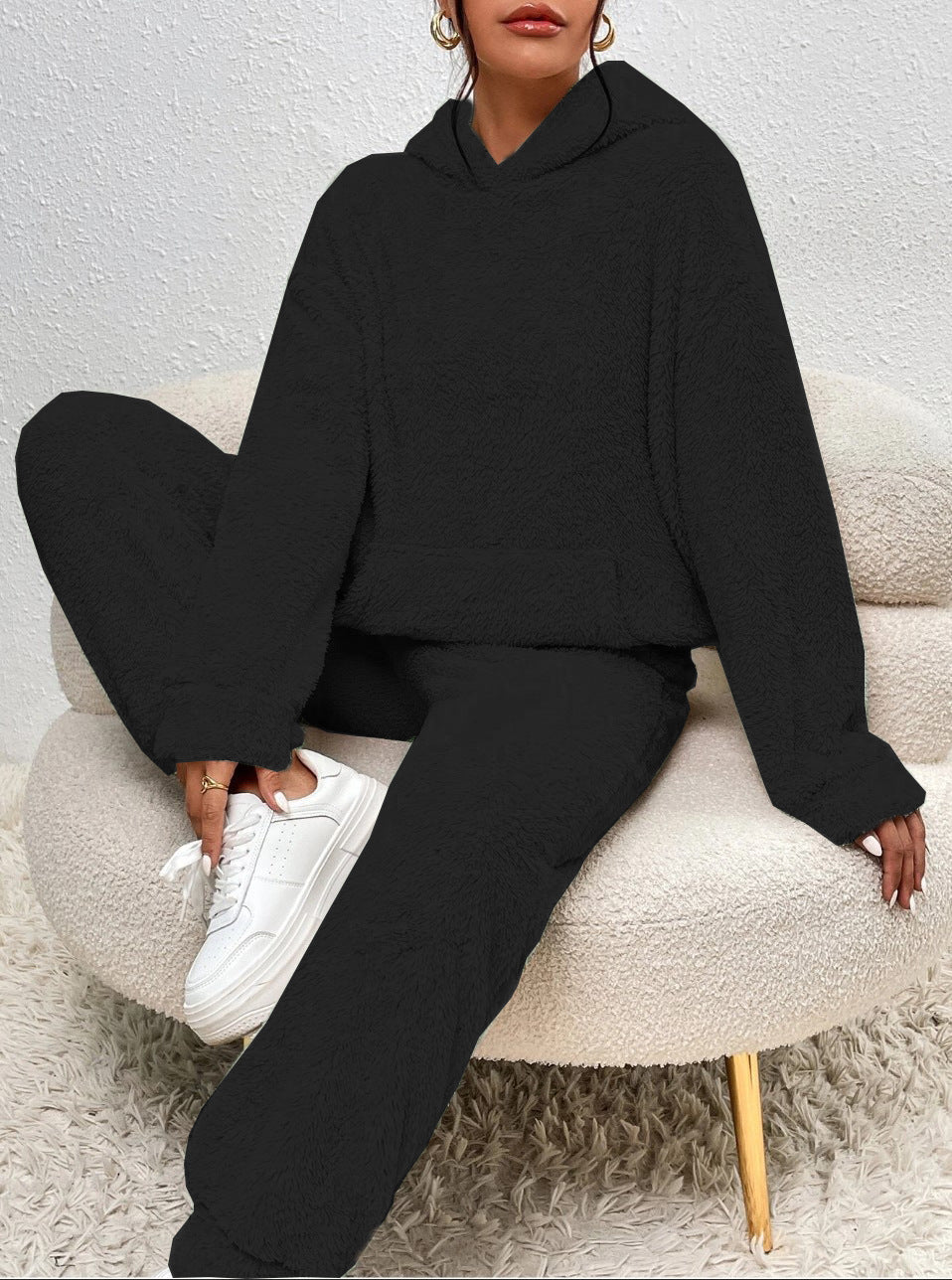 Women's plush fleece hoodie lounge set with kangaroo pocket and wide-leg pants, cozy relaxed fit