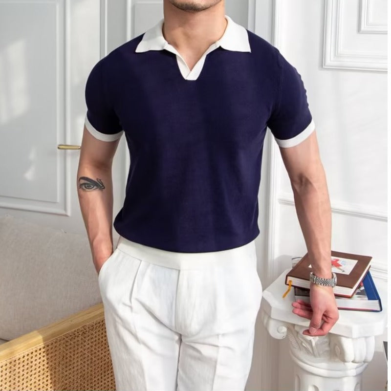 Men's knitted cotton polo shirt regular fit short sleeve with ribbed collar edge by Wavlynn