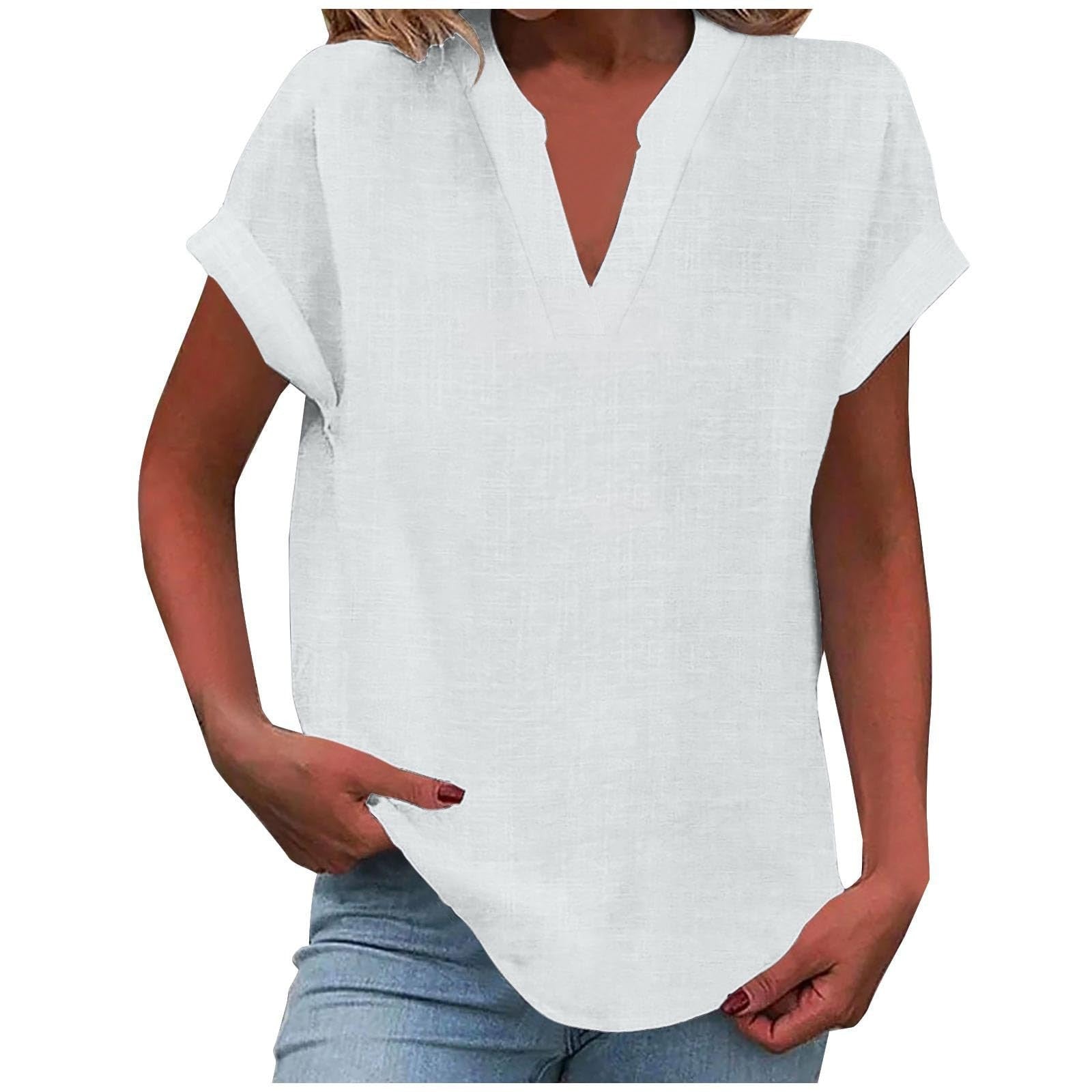 Relaxed v-neck blouse in solid tone with rolled short sleeves, smooth drape and effortless polished silhouette