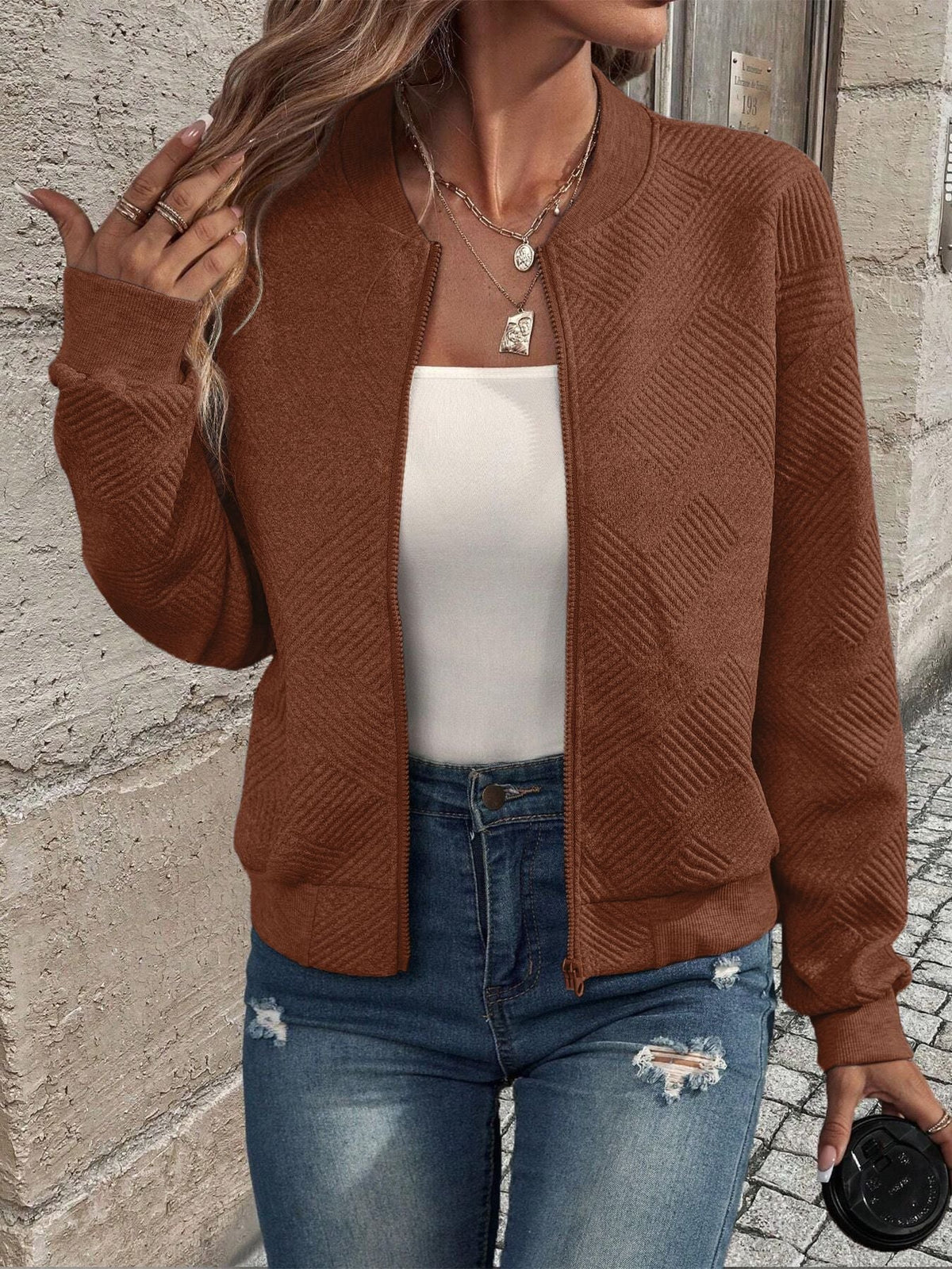 Women's vibrant blue knit zip-front cardigan long sleeve cozy winter layering piece by Wavlynn