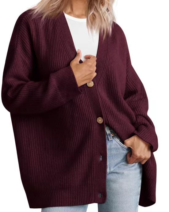 Women's relaxed fit knit cardigan bold stripe pattern button-up cozy winter style by Wavlynn