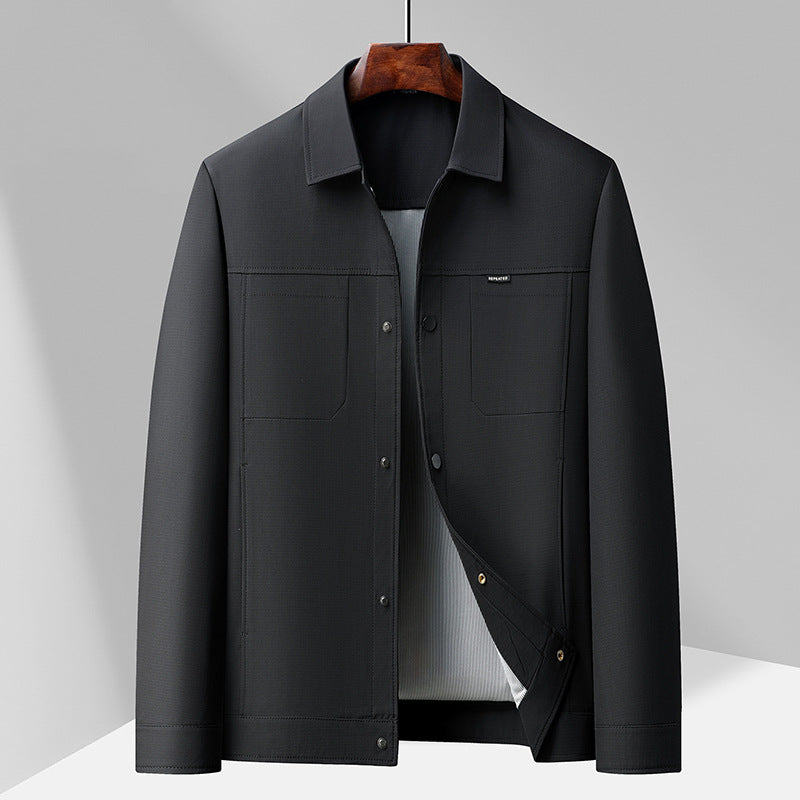 Men's casual gray regular fit lapel collar jacket with snap button closure and four front pockets