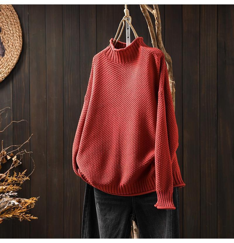 Women's oversized waffle knit sweater mock neck dolman sleeve ribbed trim cozy textured fit