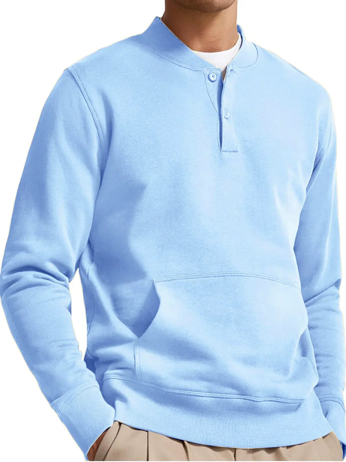 Men's pink cotton-blend sweatshirt regular fit with button neck and kangaroo pocket