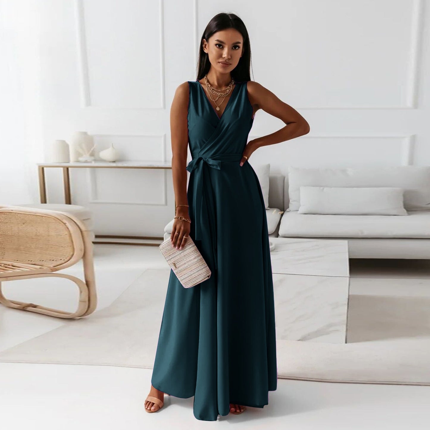 Women's sleeveless V-neck wrap maxi dress with waist-cinching belt, elegant flowy silhouette