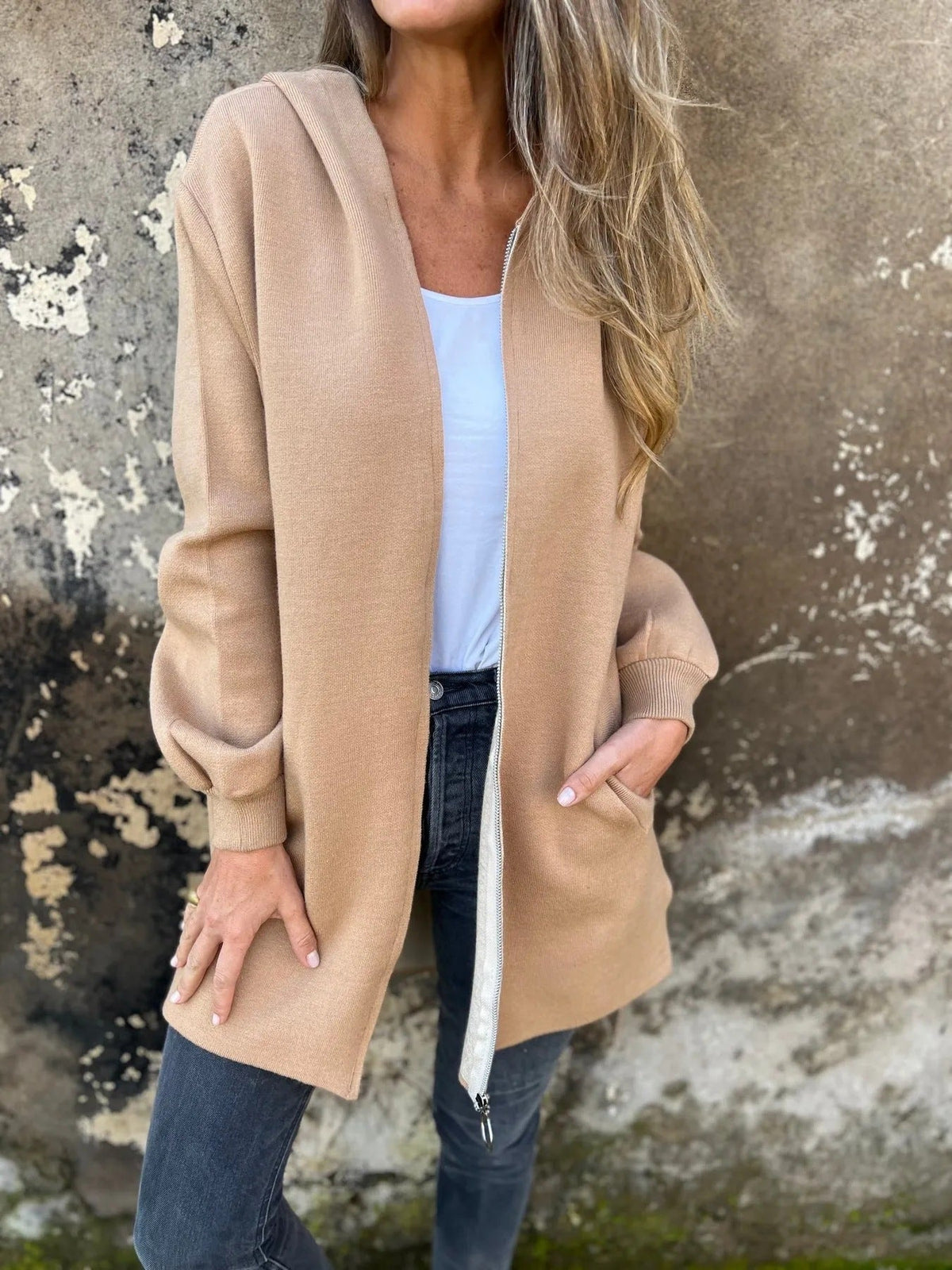 Women's cotton-blend hooded jacket relaxed fit zip-front with pockets, cozy all-season essential