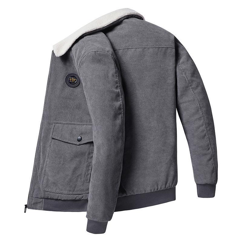 Men's brown corduroy jacket wool-lined loose fit button-front with flap pockets classic style