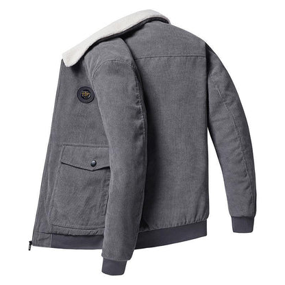 Men's brown corduroy jacket wool-lined loose fit button-front with flap pockets classic style