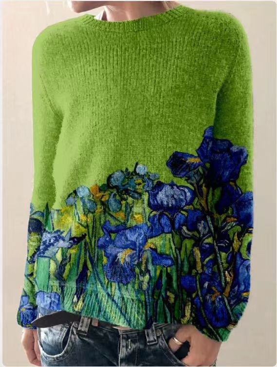 Women's relaxed fit wool-feel sweatshirt with long sleeves and floral embroidery, casual chic style