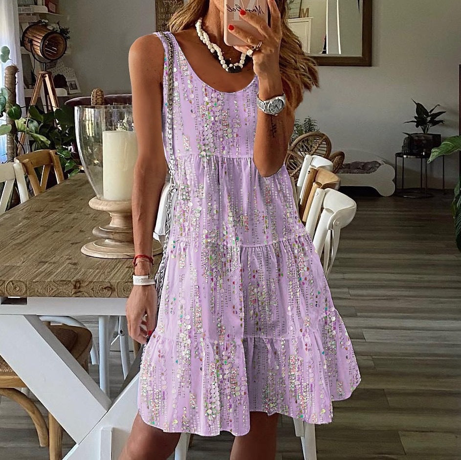 Women's sleeveless A-line cotton dress with scoop neck and tiered layers, lightweight warm-weather style