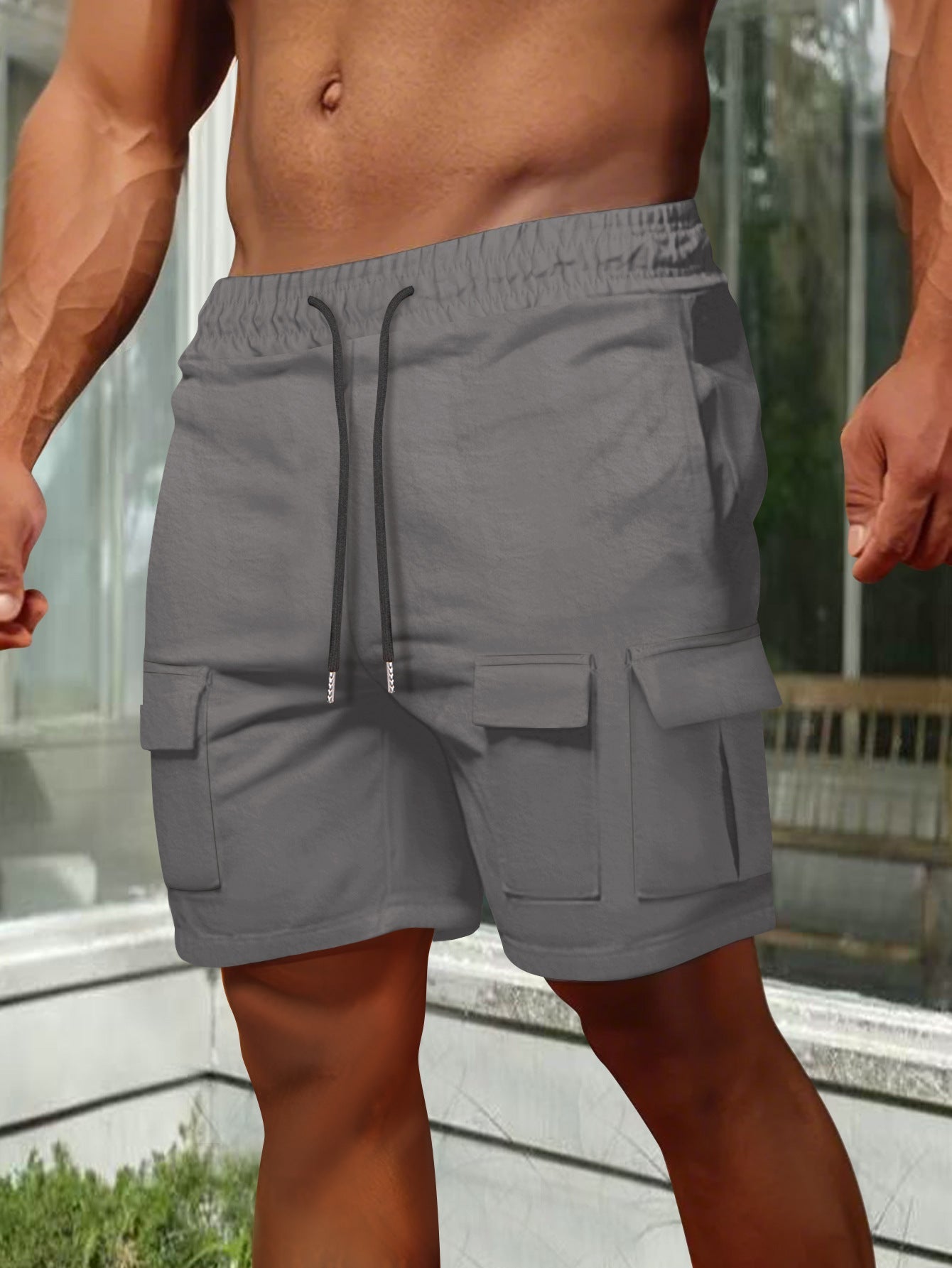 Men's olive cargo shorts relaxed fit breathable cotton blend with elastic waist and utility pockets
