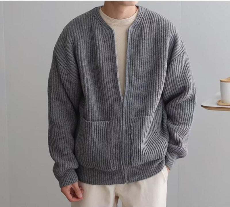 Men's oversized cotton blend cardigan jacket, band collar full zip, relaxed bomber fit for layering