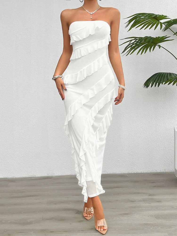 Women's black strapless tailored ankle-length dress with asymmetric ruffle details for formal events