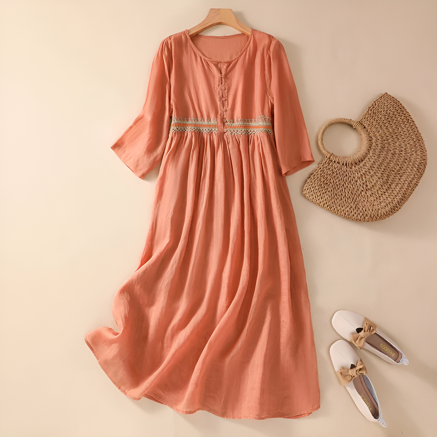 Kathy™ floral pattern midi dress elegant flowing silhouette with delicate embroidered detailing