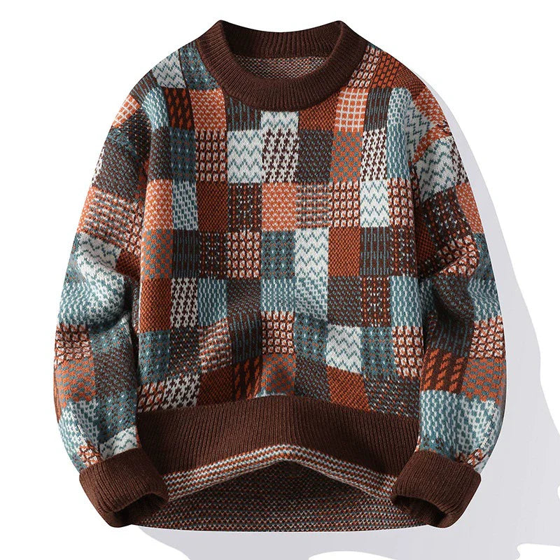 Men's wool-blend crew neck pullover sweater, relaxed fit, checkerboard patchwork knit design