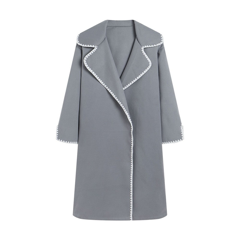 Women's oversized wool windbreaker jacket with lapel collar and delicate shell embroidery detail