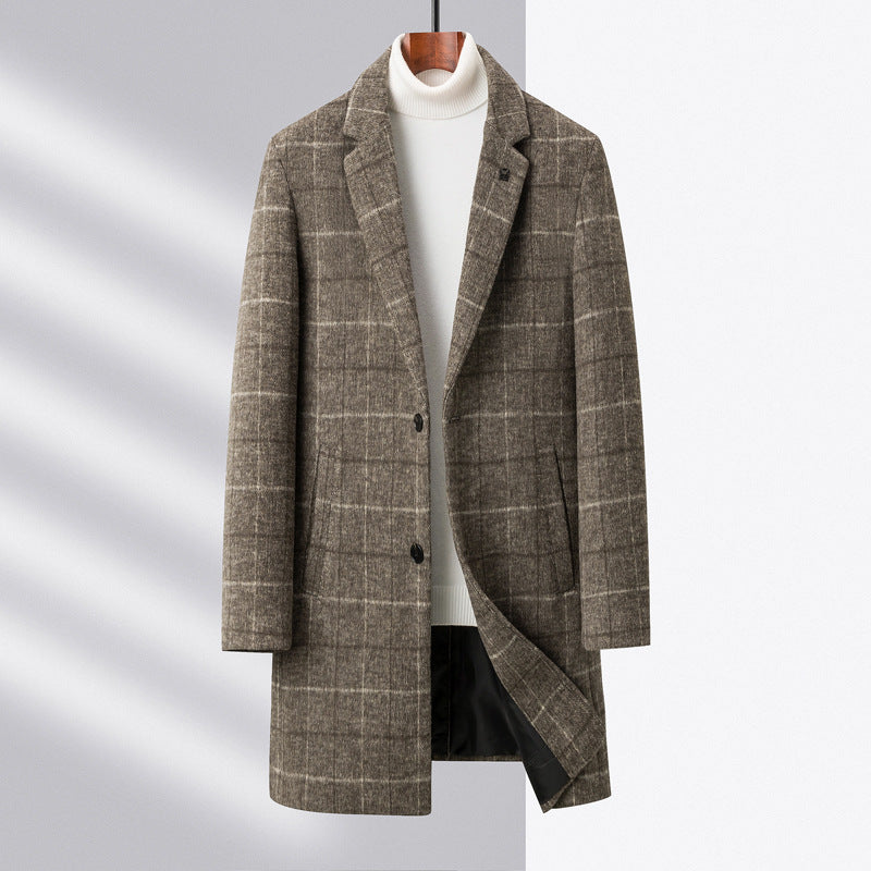 Men's wool blend plaid check overcoat mid-length notch lapel two-button classic tailored fit