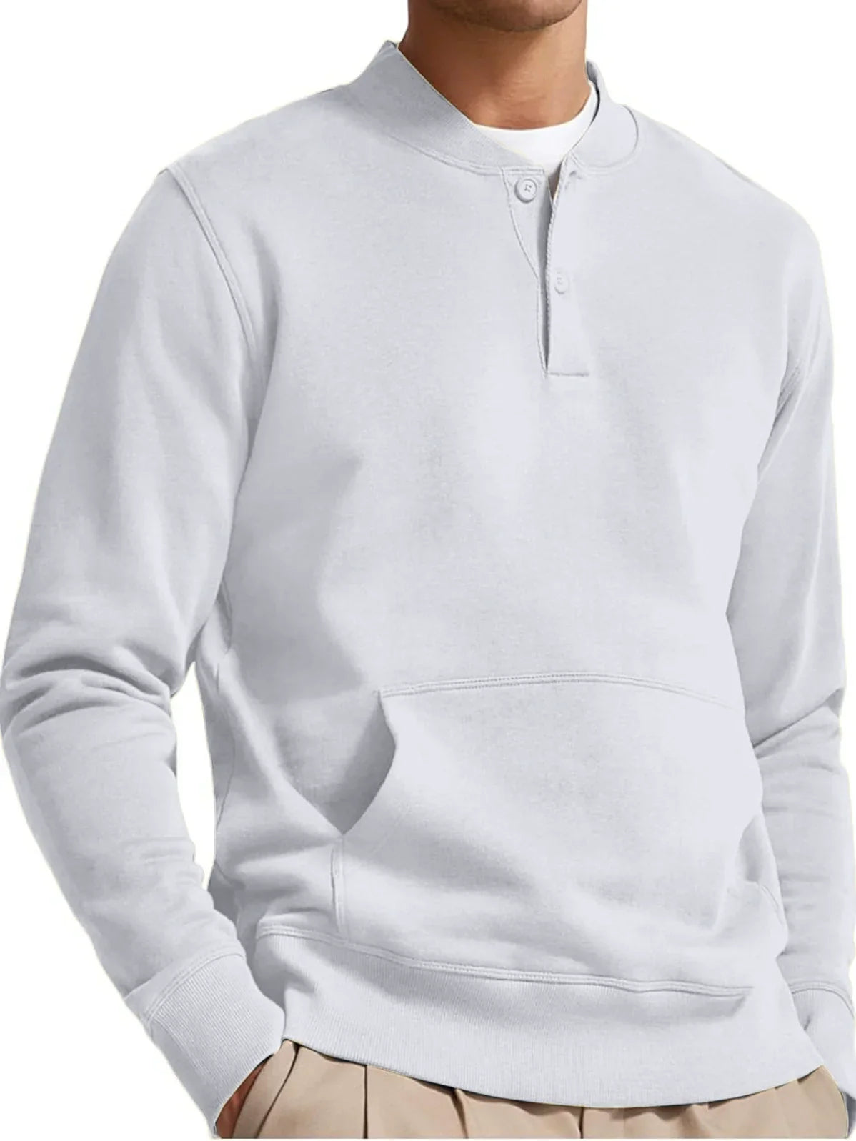 Men's pink cotton-blend sweatshirt regular fit with button neck and kangaroo pocket
