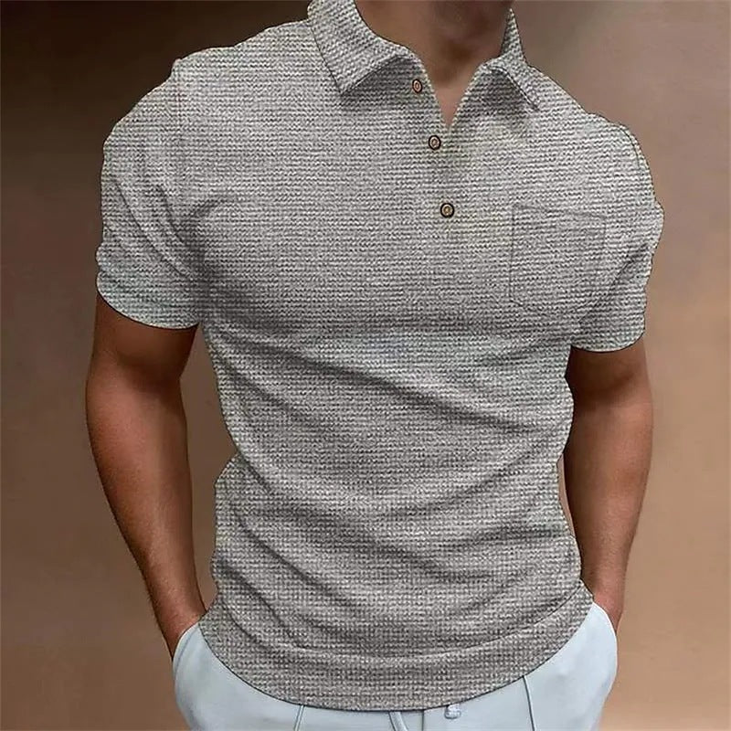 Men's slim fit beige piqué knit polo shirt with chest pocket and short sleeves