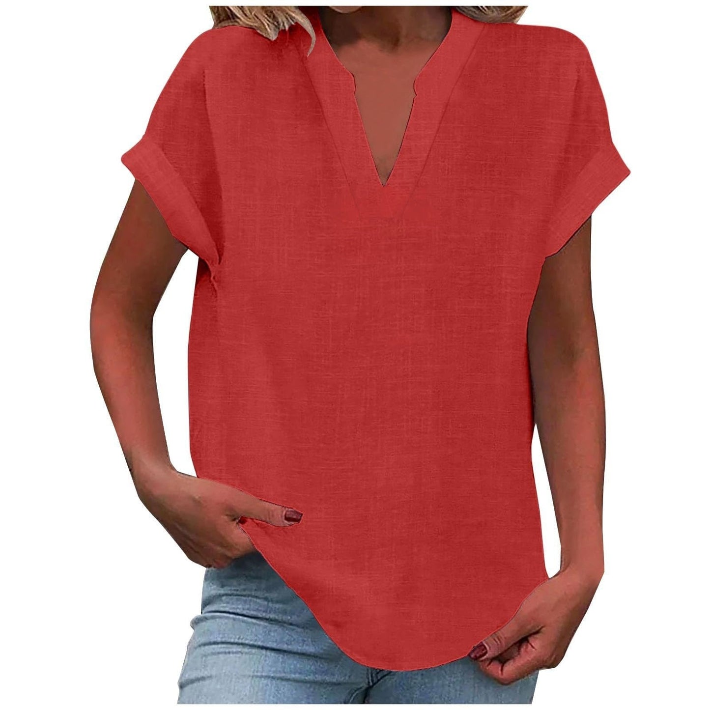 Relaxed ivory v-neck blouse with rolled short sleeves, smooth drape, and polished everyday silhouette