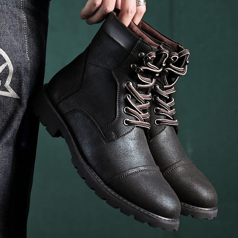 Men's brown ankle lace-up boots leather finish reinforced toe padded collar rugged style