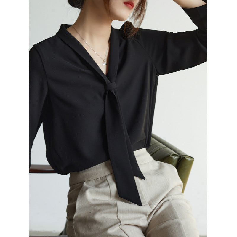 Women elegant chiffon blouse bow tie neck soft V-cut draped knot lightweight flowy formal top