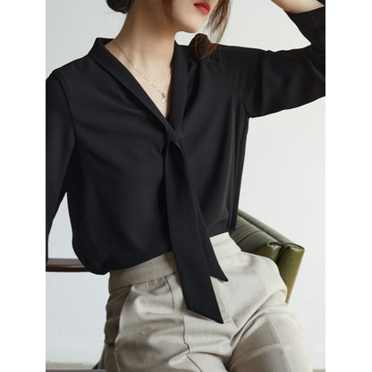 Women elegant chiffon blouse bow tie neck soft V-cut draped knot lightweight flowy formal top