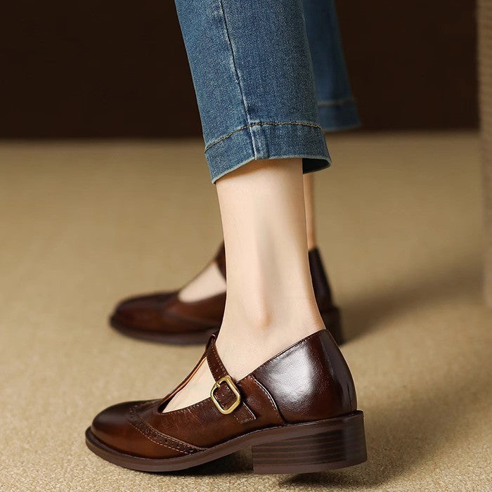Women's leather T-strap Mary Jane shoes low block heel with brogue detailing in classic style