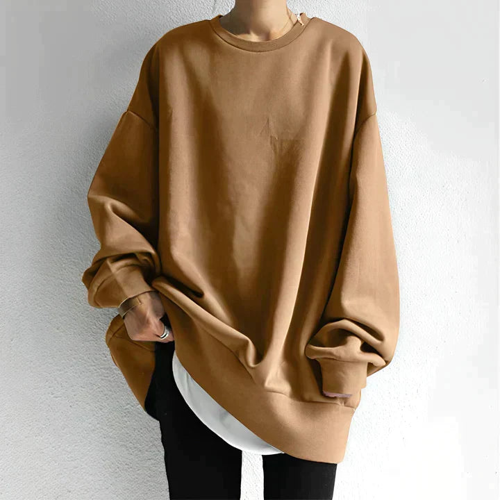 Women's oversized cream knit pullover sweater long sleeve casual fit with ribbed hem detail