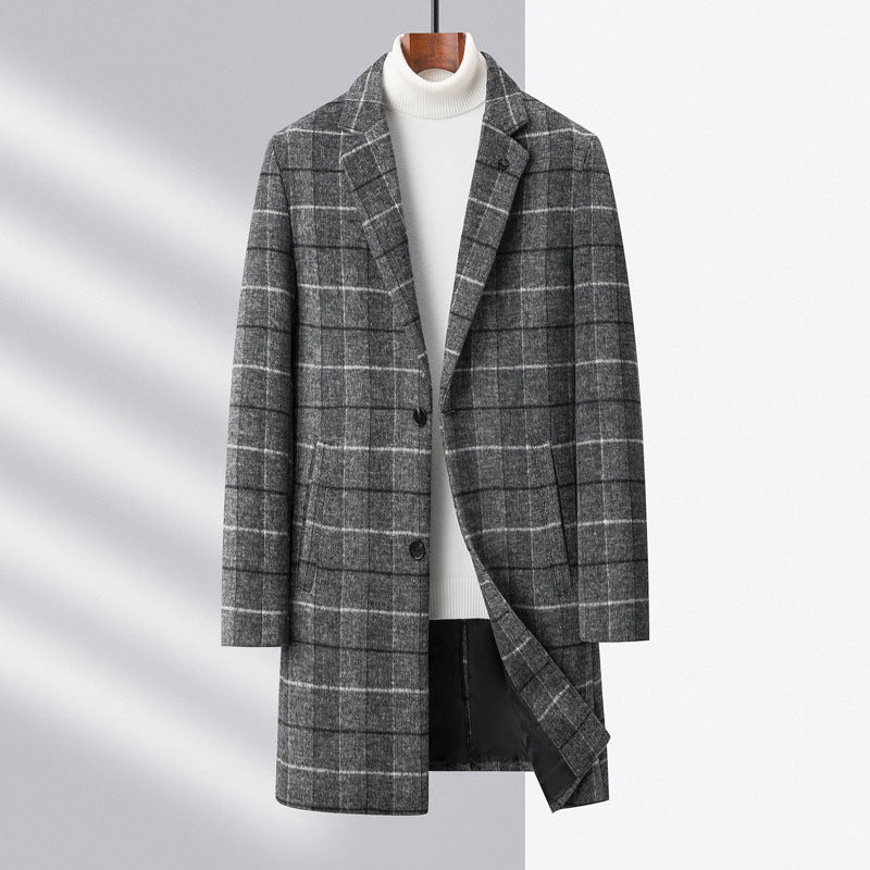 Men's wool blend plaid check overcoat mid-length notch lapel two-button closure tailored fit