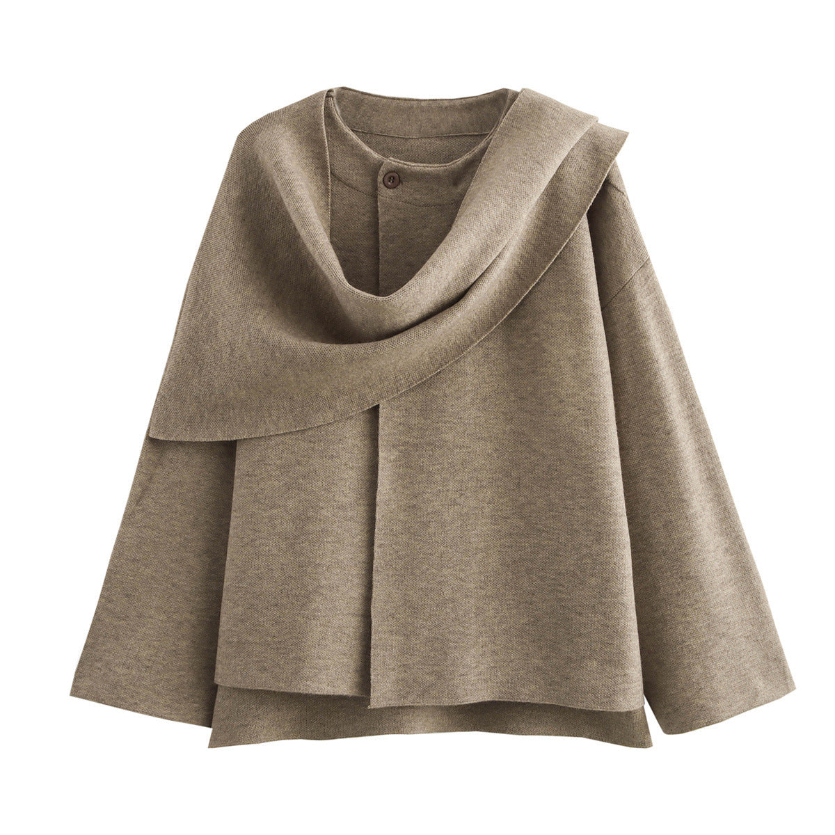 Women's oversized wool blend cape coat in neutral tone with draped cowl neck and open front design