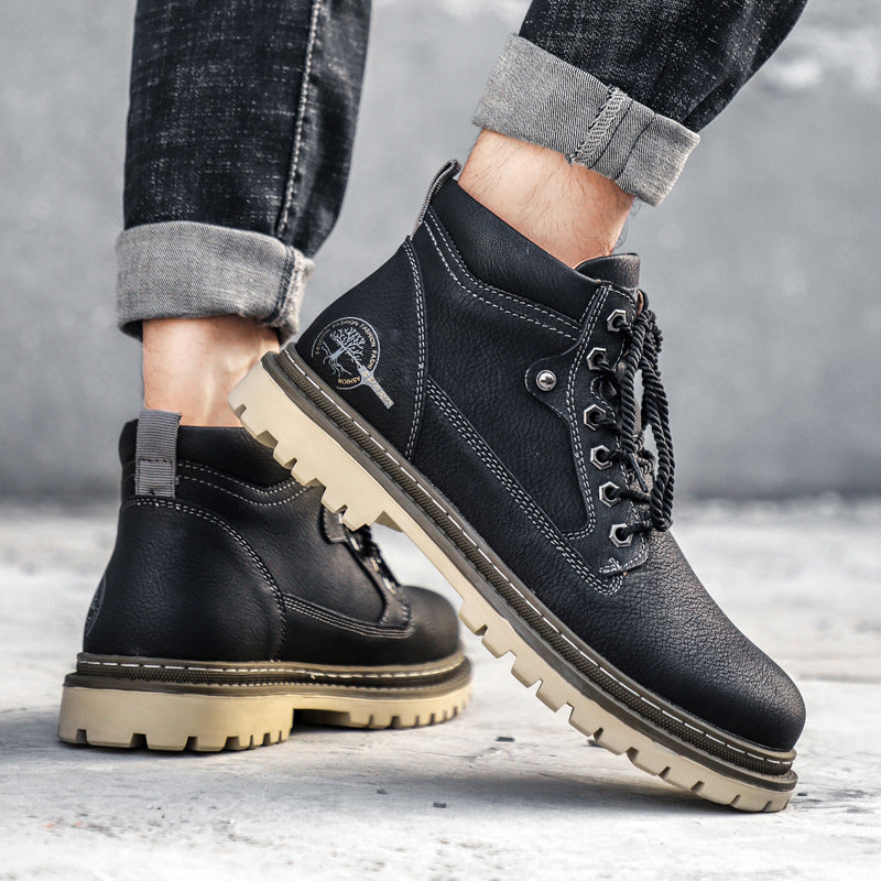 Men's black faux leather ankle-high lace-up boots with chunky lugged sole for everyday style