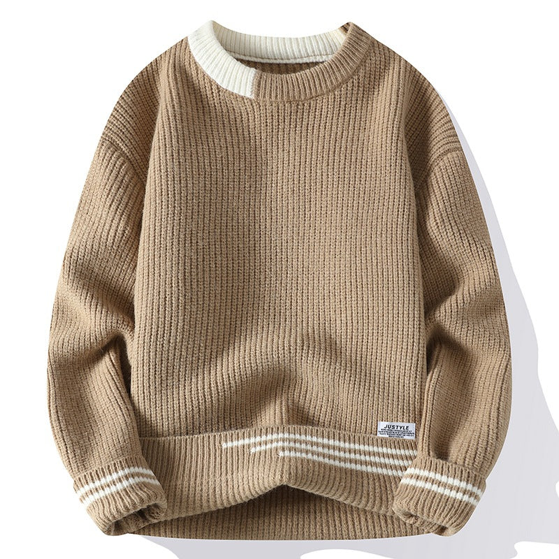 Color block knitted pullover crew neck cotton-poly rib-knit smart casual stretch fit