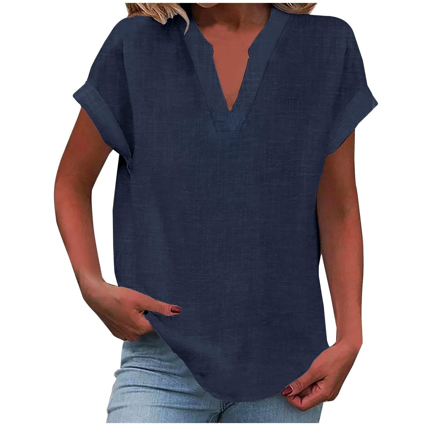 Relaxed ivory v-neck blouse with rolled short sleeves, smooth drape and polished everyday silhouette