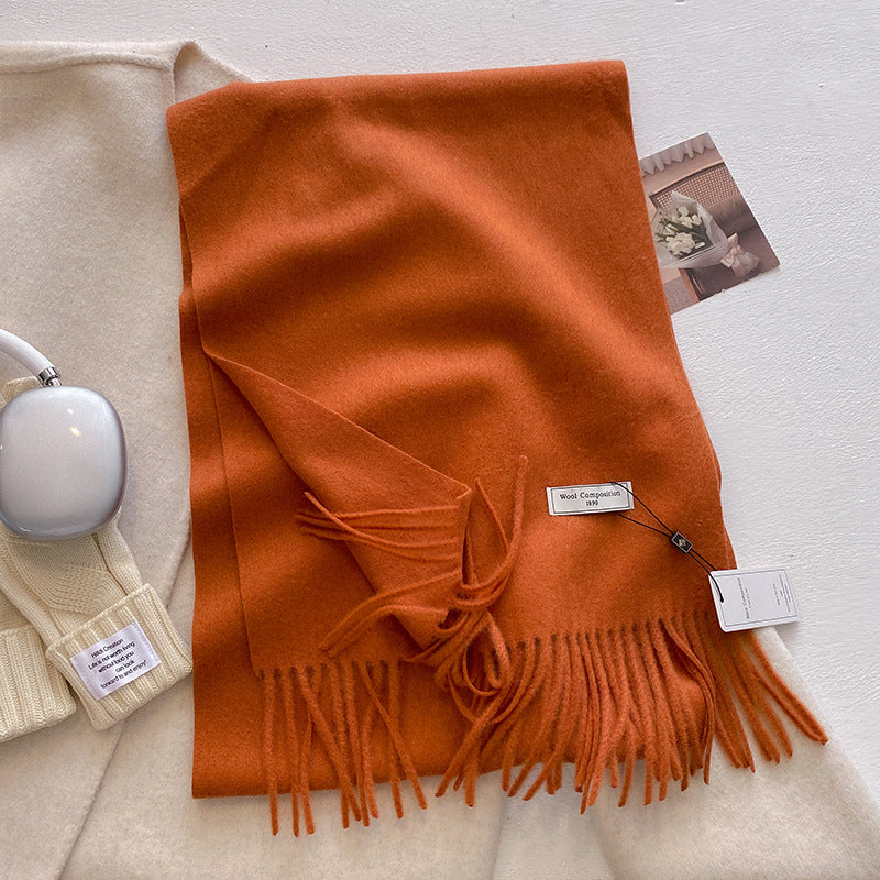 Soft plain tassel scarf shawl in neutral tones, cozy wrap style with fringe hem detail