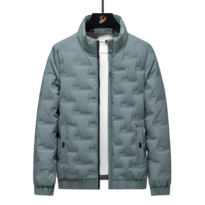 Men's lightweight quilted down jacket relaxed fit stand collar hip length in neutral urban style
