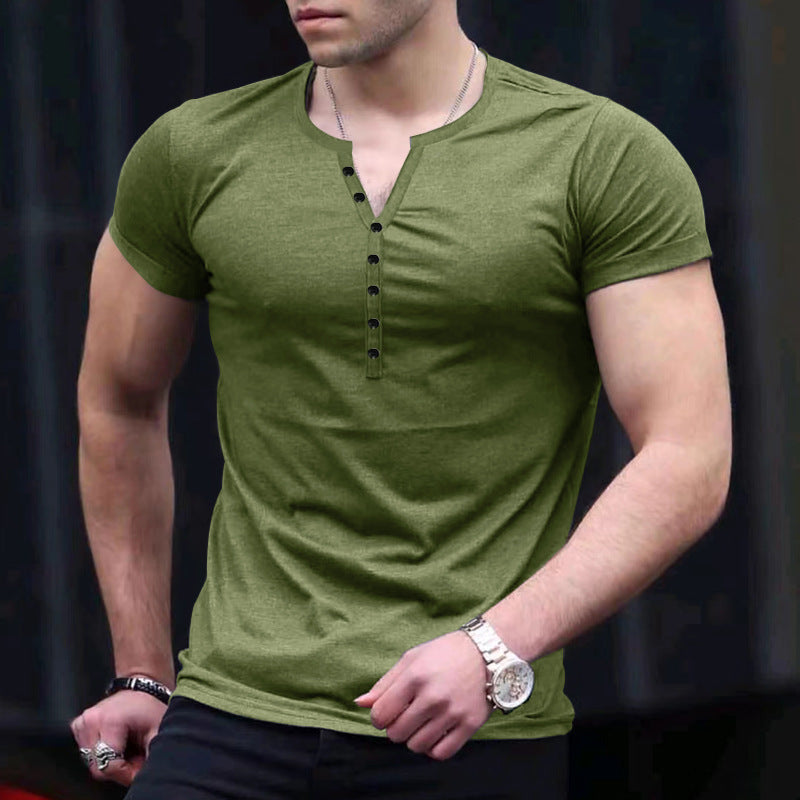 Men's slim fit Henley T-shirt soft knit short sleeve casual style with button placket
