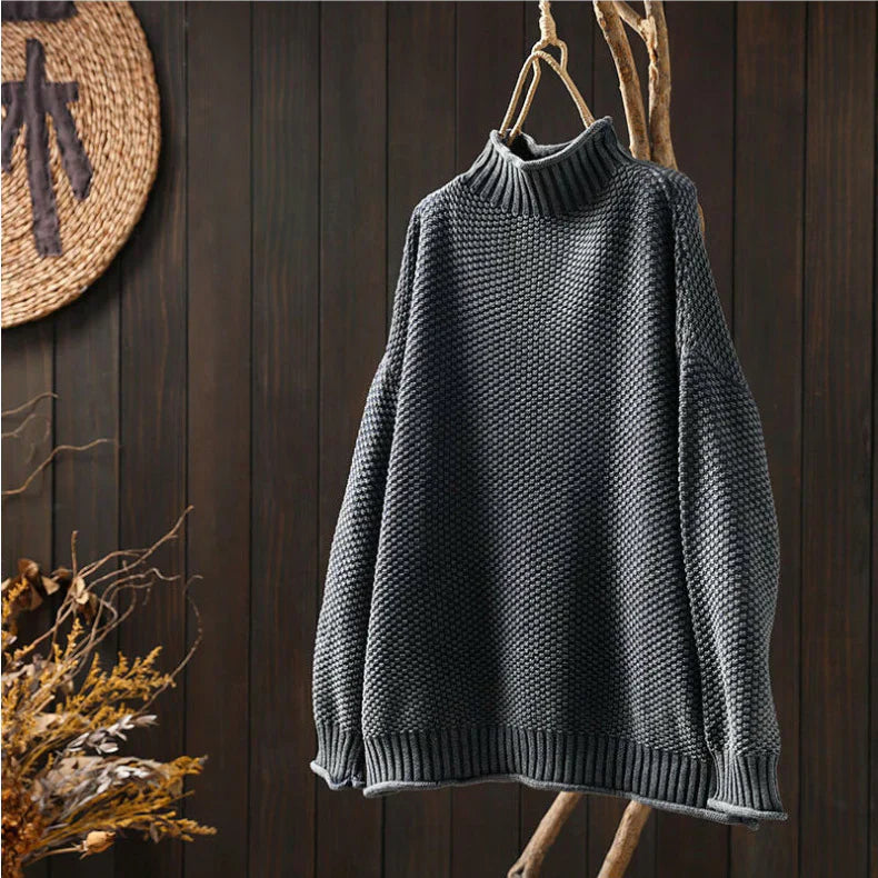 Women's oversized waffle knit sweater mock neck dolman sleeve ribbed trim cozy textured fit