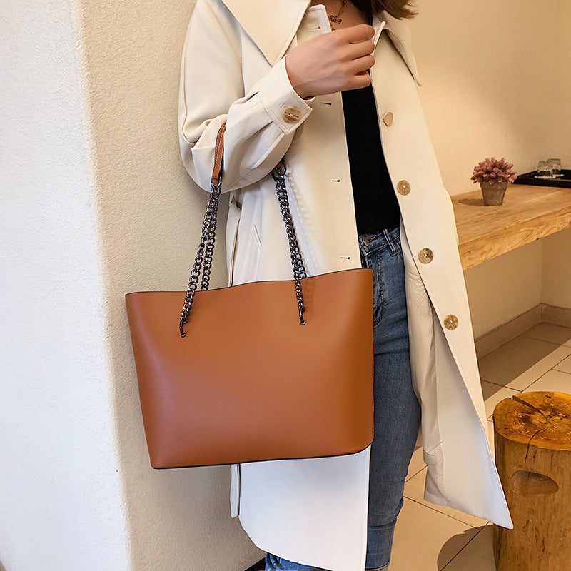 Wavlynn Lori structured vegan leather tote bag with gold chain and leather shoulder straps