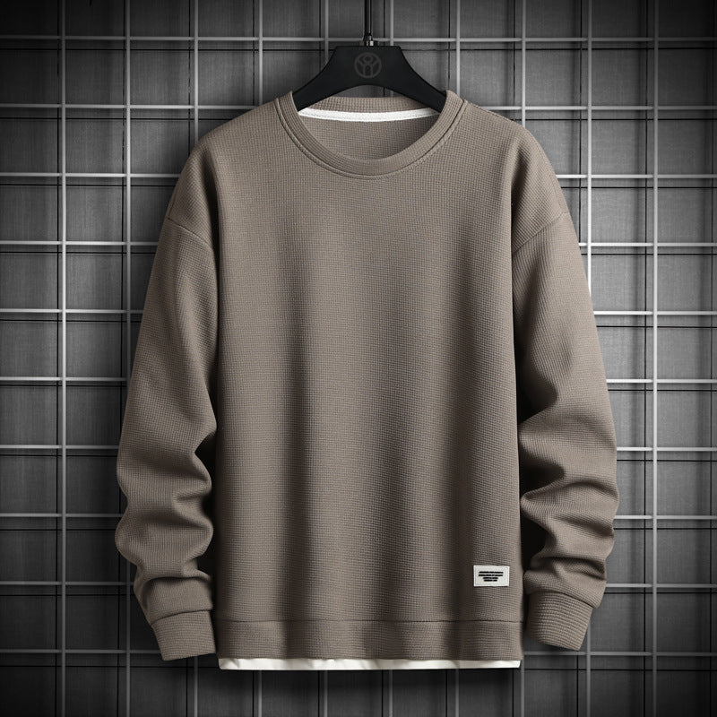 Men's waffle knit crewneck sweatshirt relaxed fit long sleeve with ribbed cuffs casual fall layer
