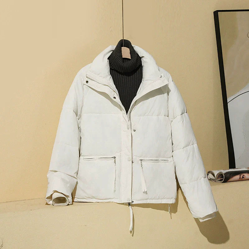 Women's tan cropped boxy puffer coat with stand collar, insulated for everyday warmth