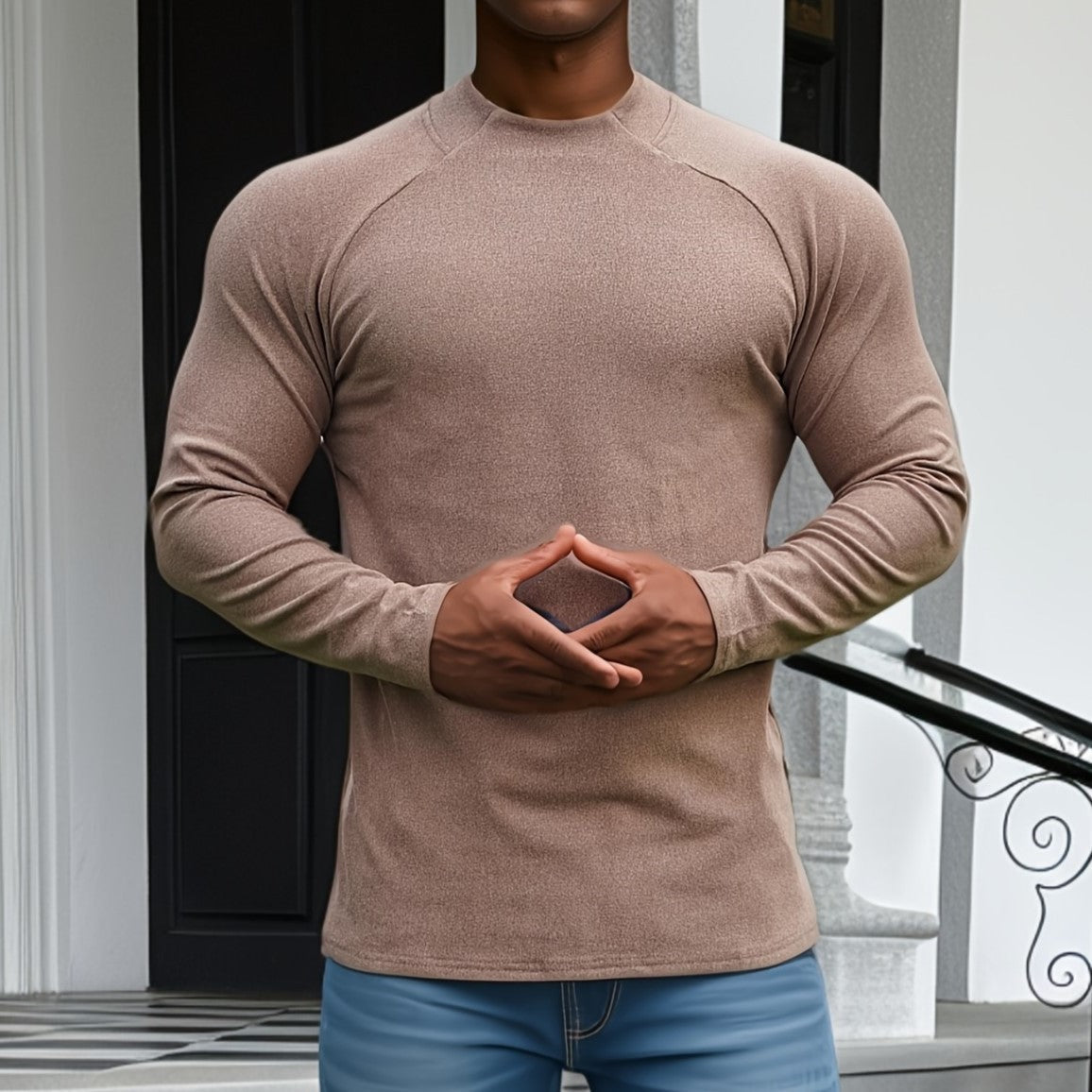 Men's slim fit long sleeve crew neck tee in soft stretch cotton with contrast raglan sleeves