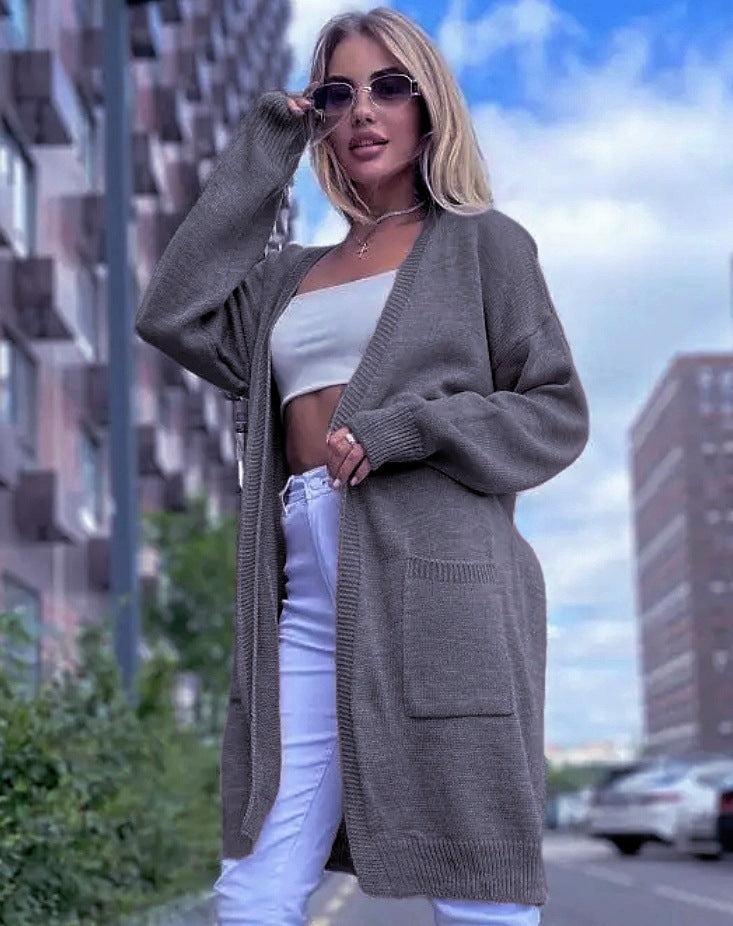Women's cotton-blend knit cardigan loose fit open front longline silhouette with pockets everyday style