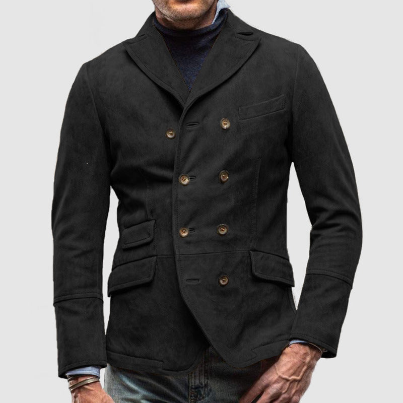 Men's double breasted navy suede-like jacket tailored fit notch lapel PU leather sophisticated