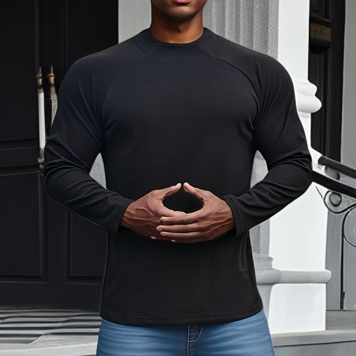 Men's slim fit long sleeve crew neck tee in soft stretch cotton with raglan sleeves for modern comfort