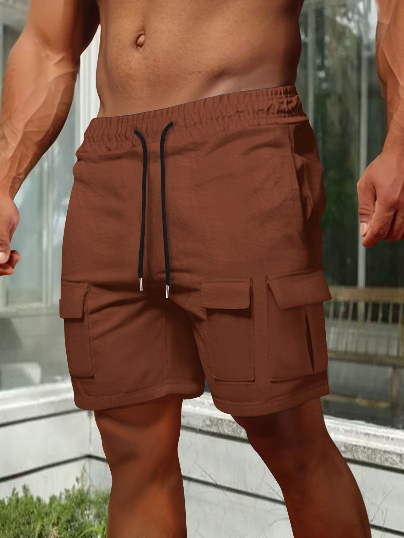 Men's olive cargo shorts relaxed fit breathable cotton blend with elastic waist and utility pockets