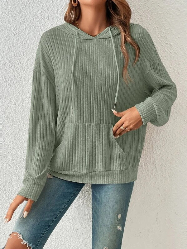 Beige ribbed knit relaxed-fit hoodie with kangaroo pocket, cozy everyday casual style