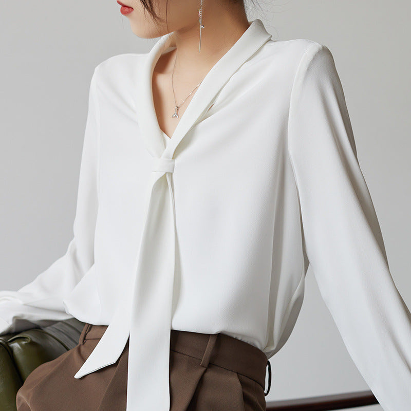Women's chiffon blouse with elegant bow tie neck, soft V-cut drape, lightweight flowy fabric, professional style